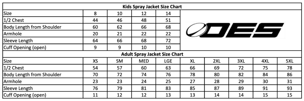 GPNC Spray Jacket Size Chart